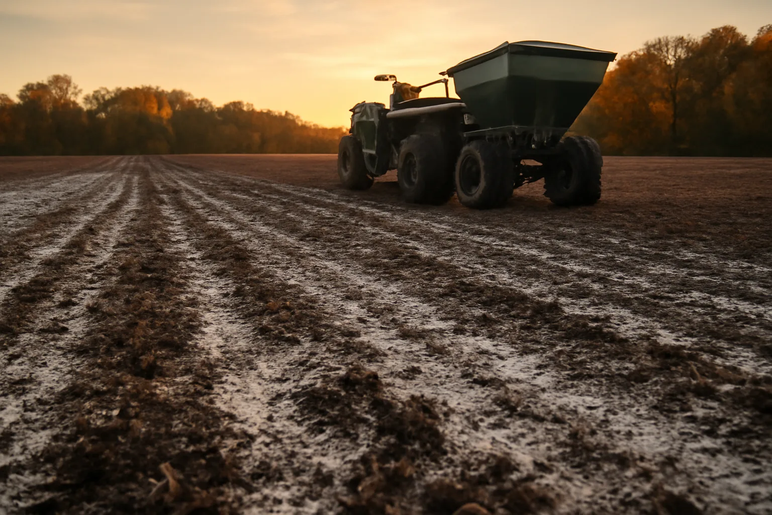 ATV spreader applying lime and fertilizer across a fall deer food plot at sunset