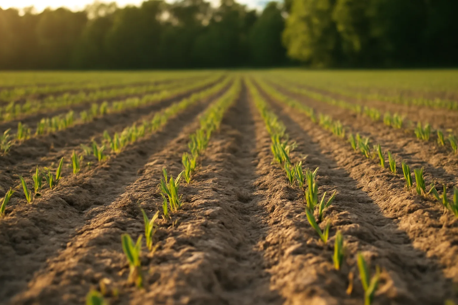 Sandy soil food plot field with young clover and oat seedlings at sunset