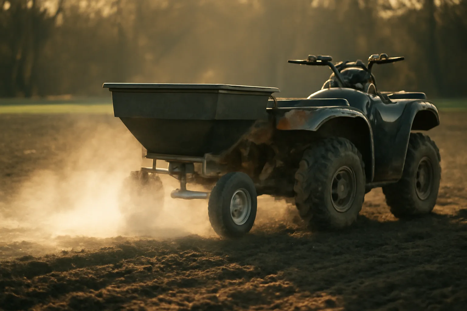 ATV pulling a broadcast spreader across a tilled food plot spreading lime