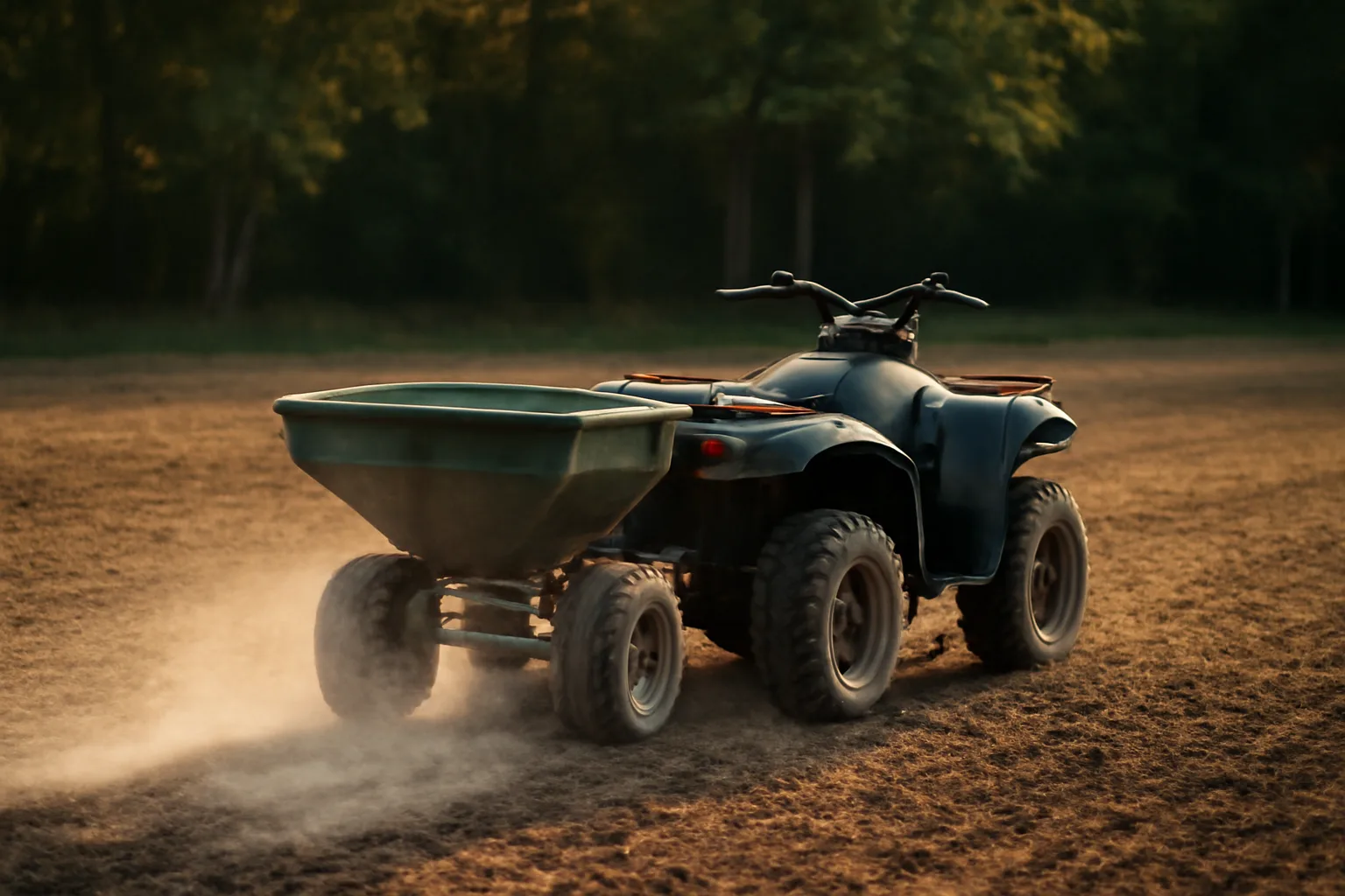 ATV spreader broadcasting lime across a tilled food plot clearing at dusk