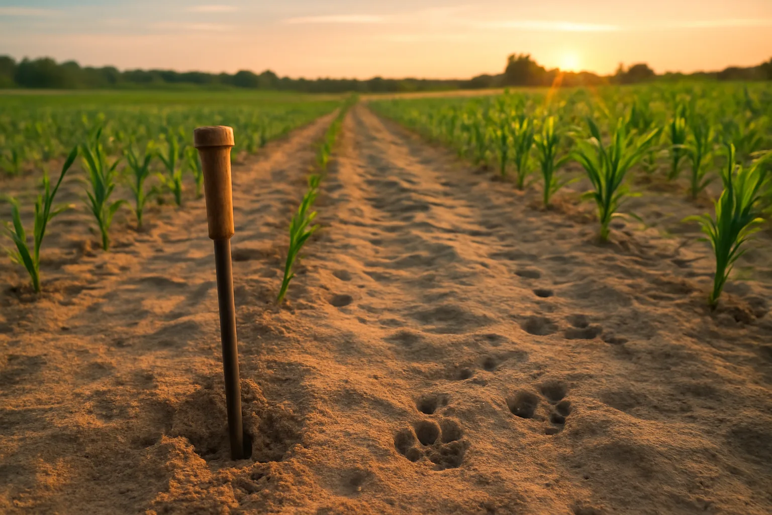 Sandy soil food plot with cereal rye rows and a soil probe at sunset