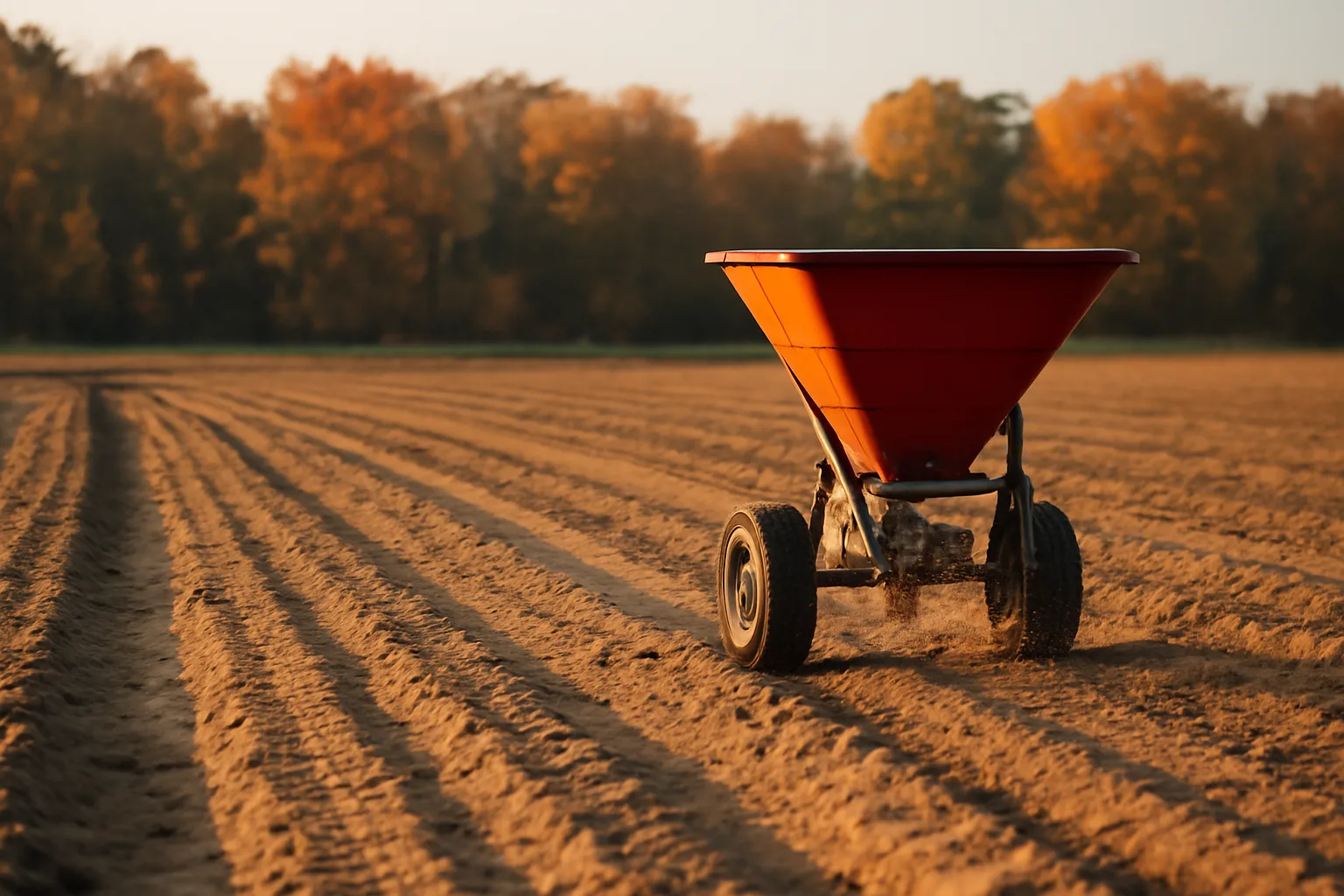 Sandy soil food plot being seeded with a broadcast spreader at golden hour