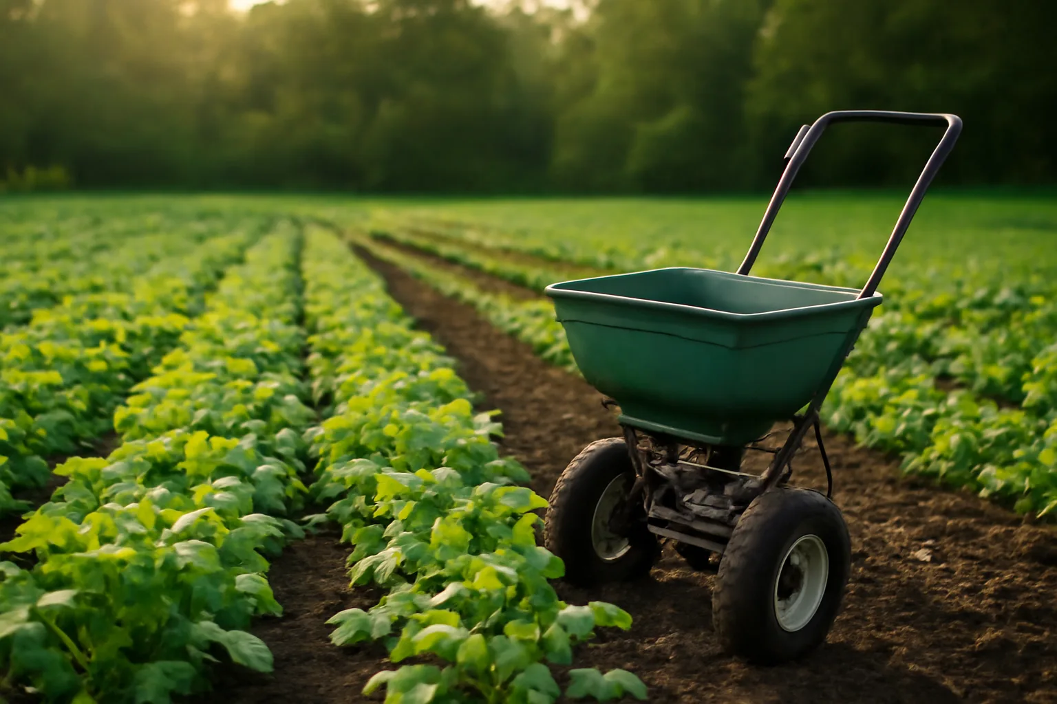 Broadcast spreader beside a freshly planted brassica food plot at dusk