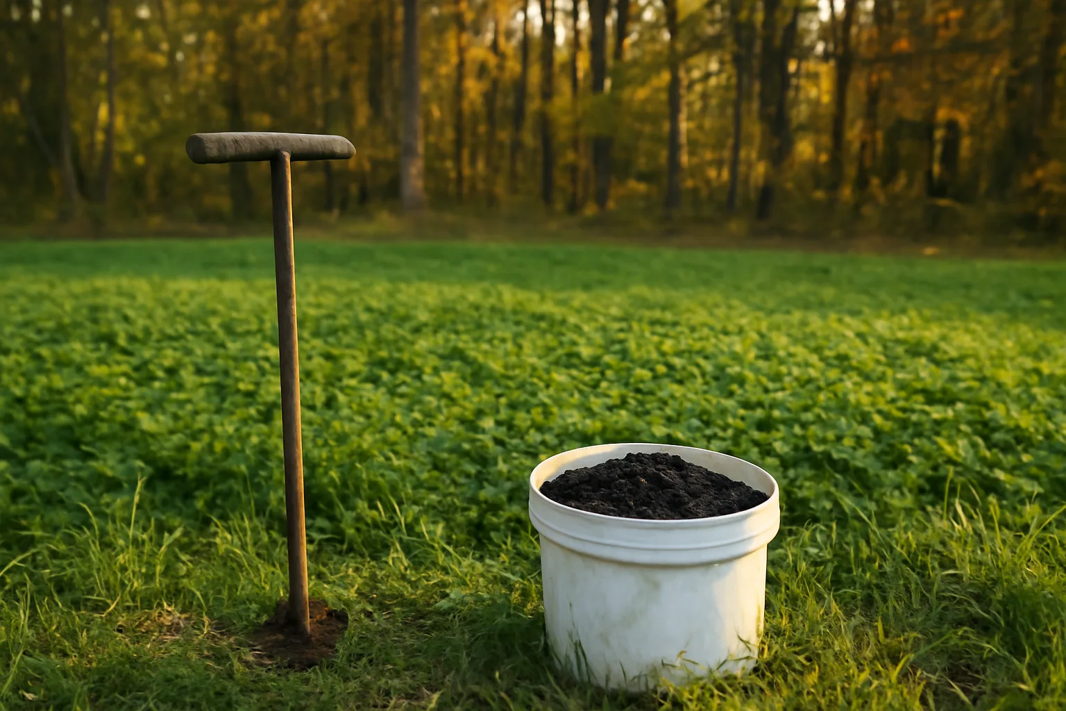 Clover food plot edge with a soil probe and soil sample bucket in foreground