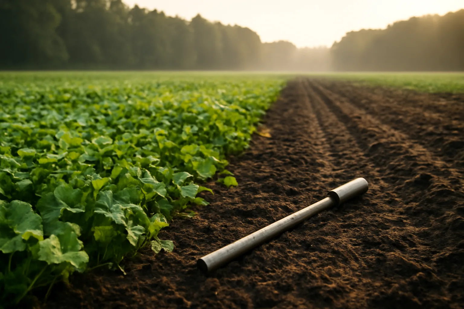 Soil sample and spreader track in a green food plot at dawn