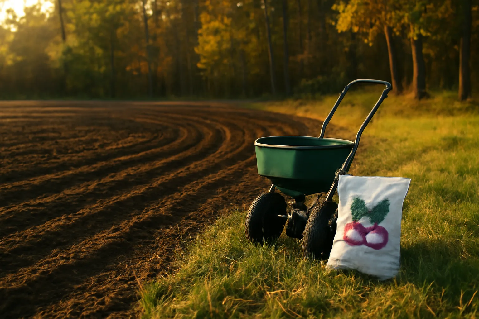 Freshly tilled deer food plot edge with seed spreader near hardwood tree line