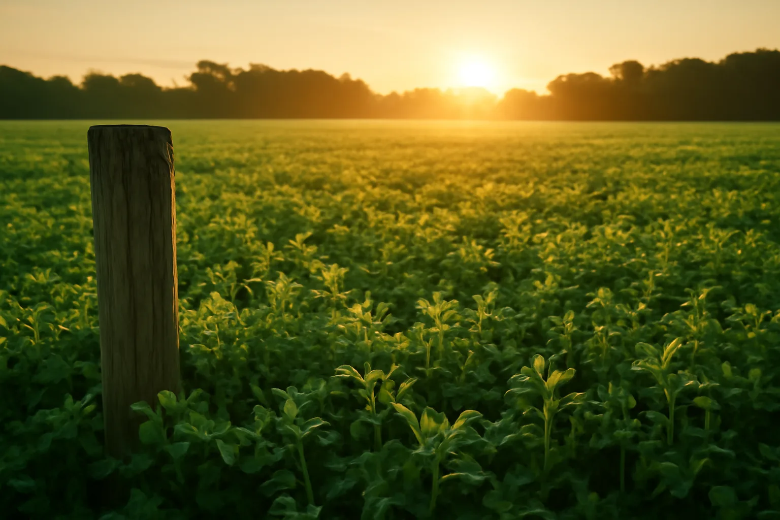A dense alfalfa food plot field lit by low evening sunlight near a treeline