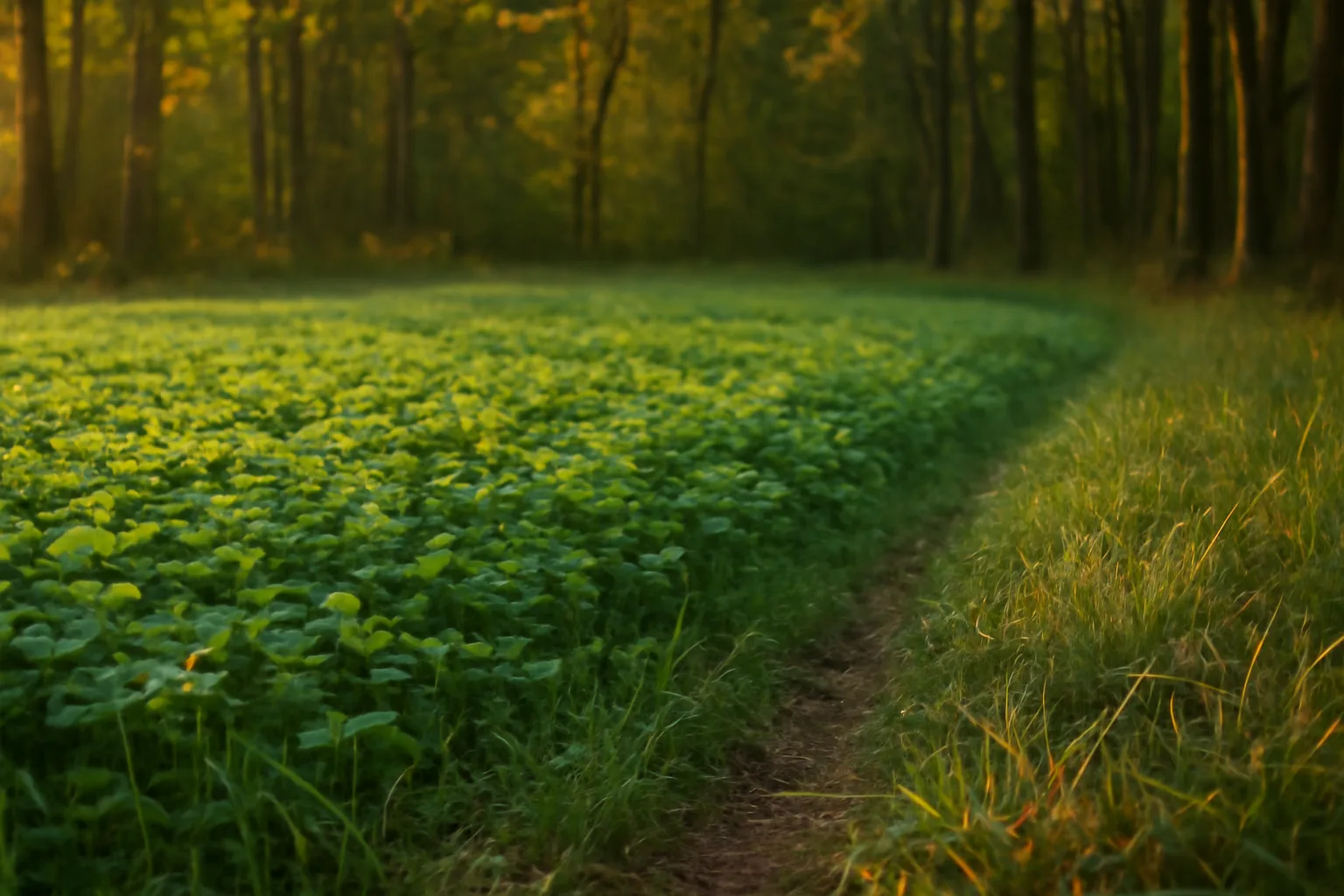 Green clover food plot bordered by autumn hardwoods with a deer trail leading in