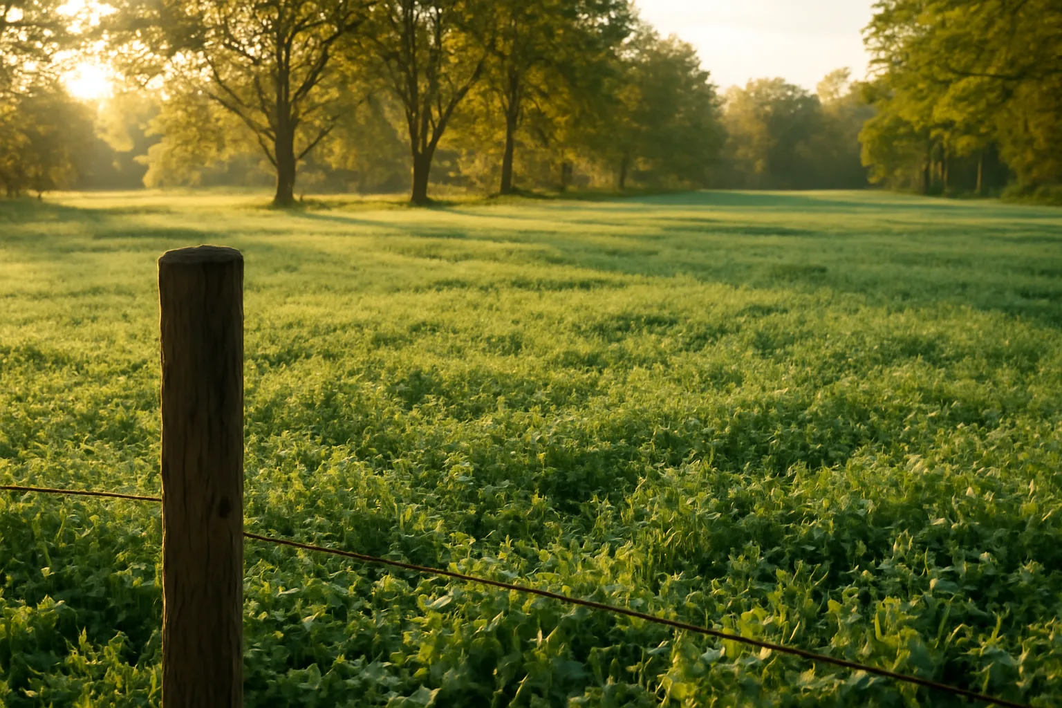 Green clover food plot at dawn bordered by hardwood treeline