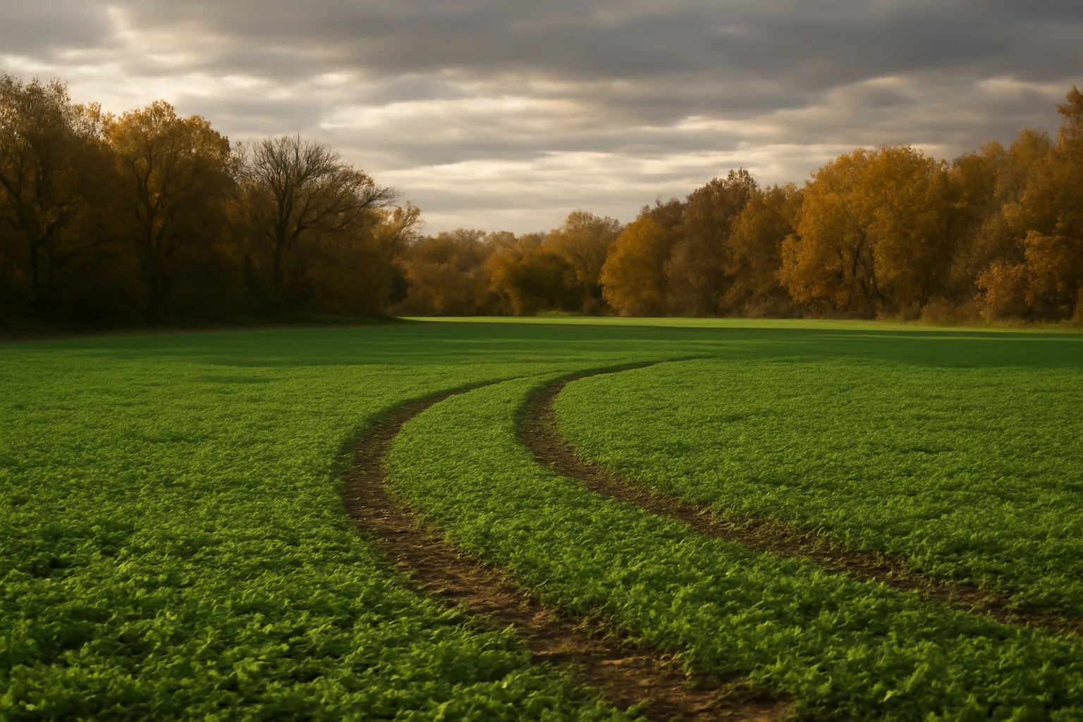 Green clover food plot bordered by autumn hardwoods on Illinois hunting land