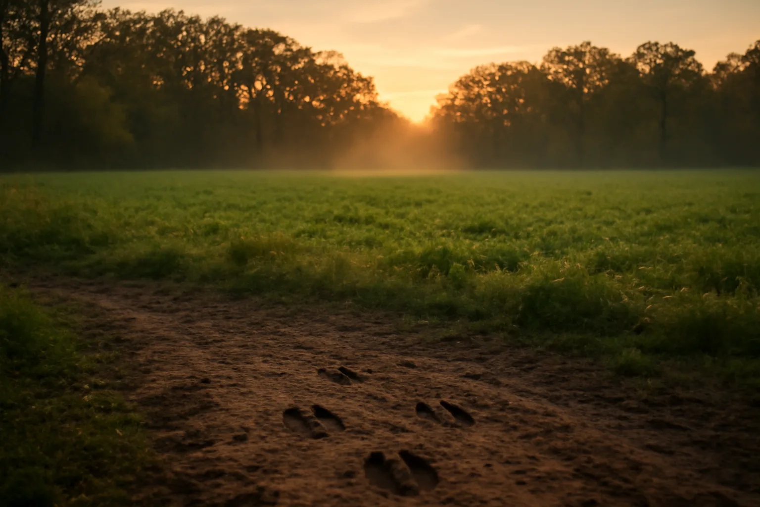 Green food plot clearing bordered by autumn trees in rural Minnesota at dusk