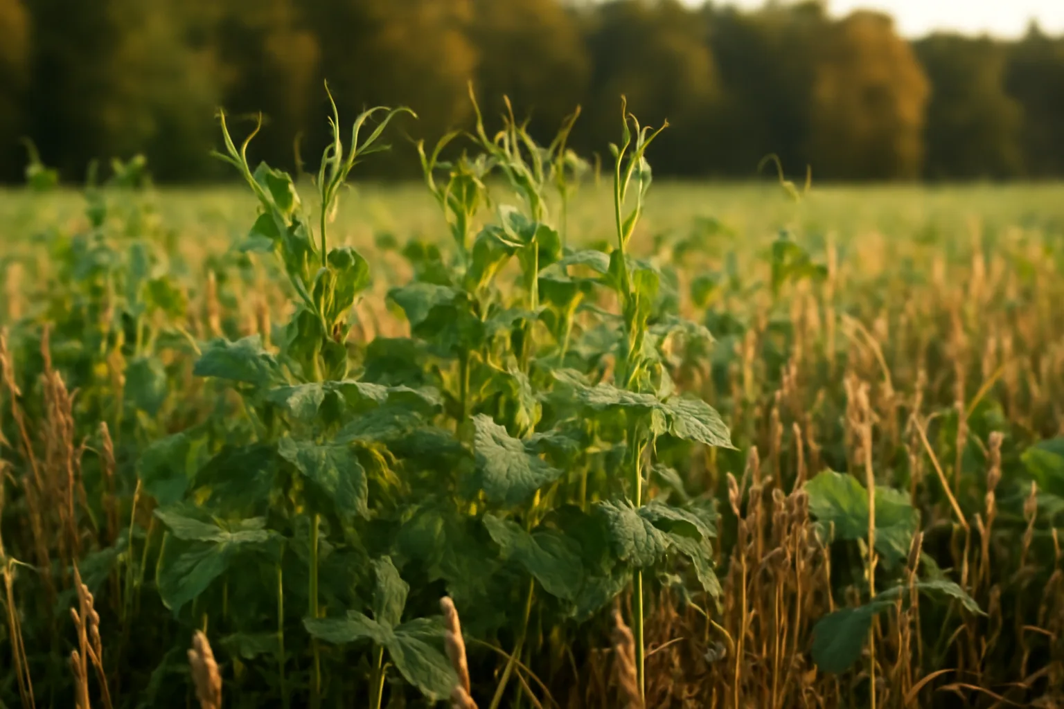 Austrian winter peas climbing cereal grain stalks in a fall deer food plot