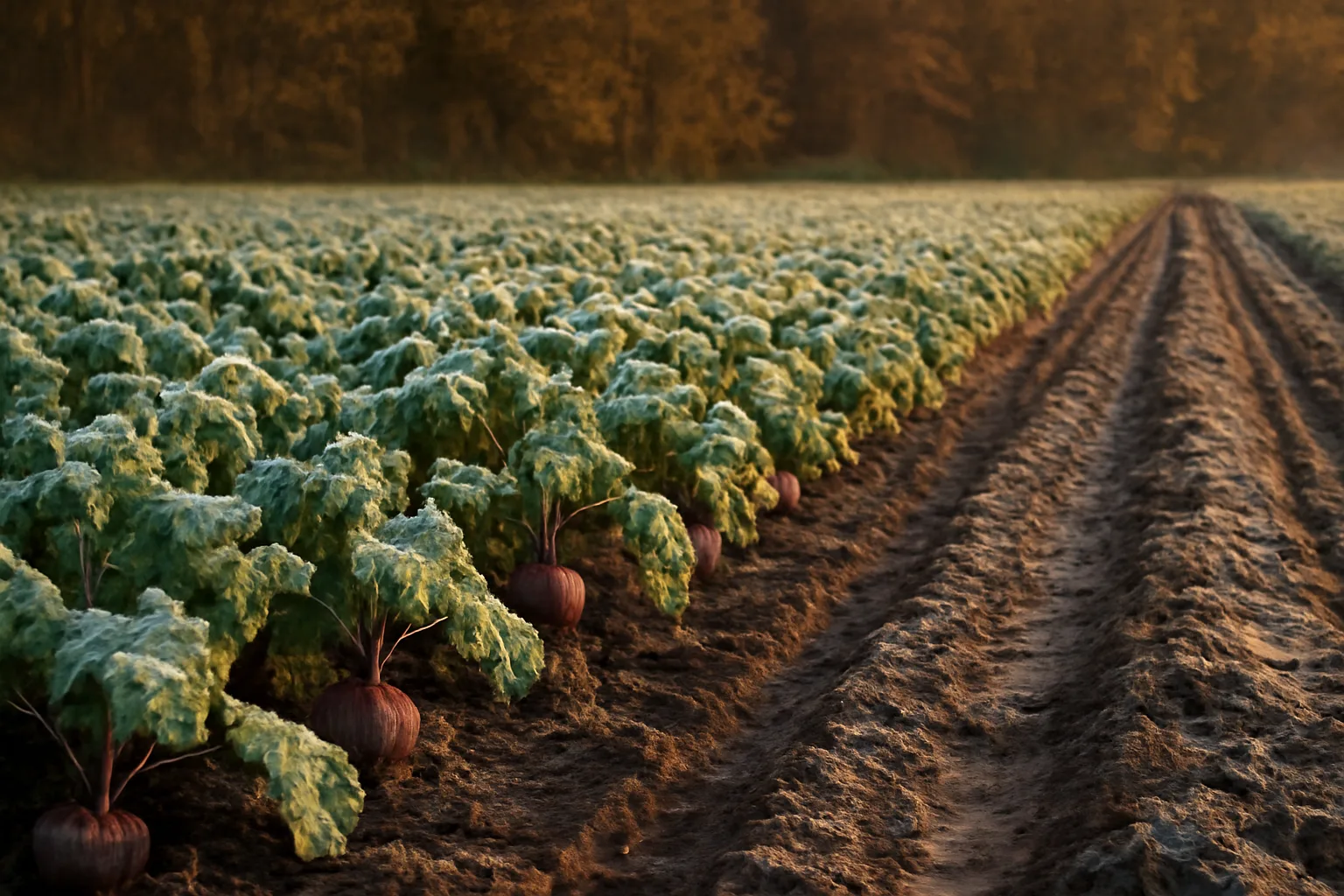 frosted beets and greens food plot with leafy brassica tops in a fall field