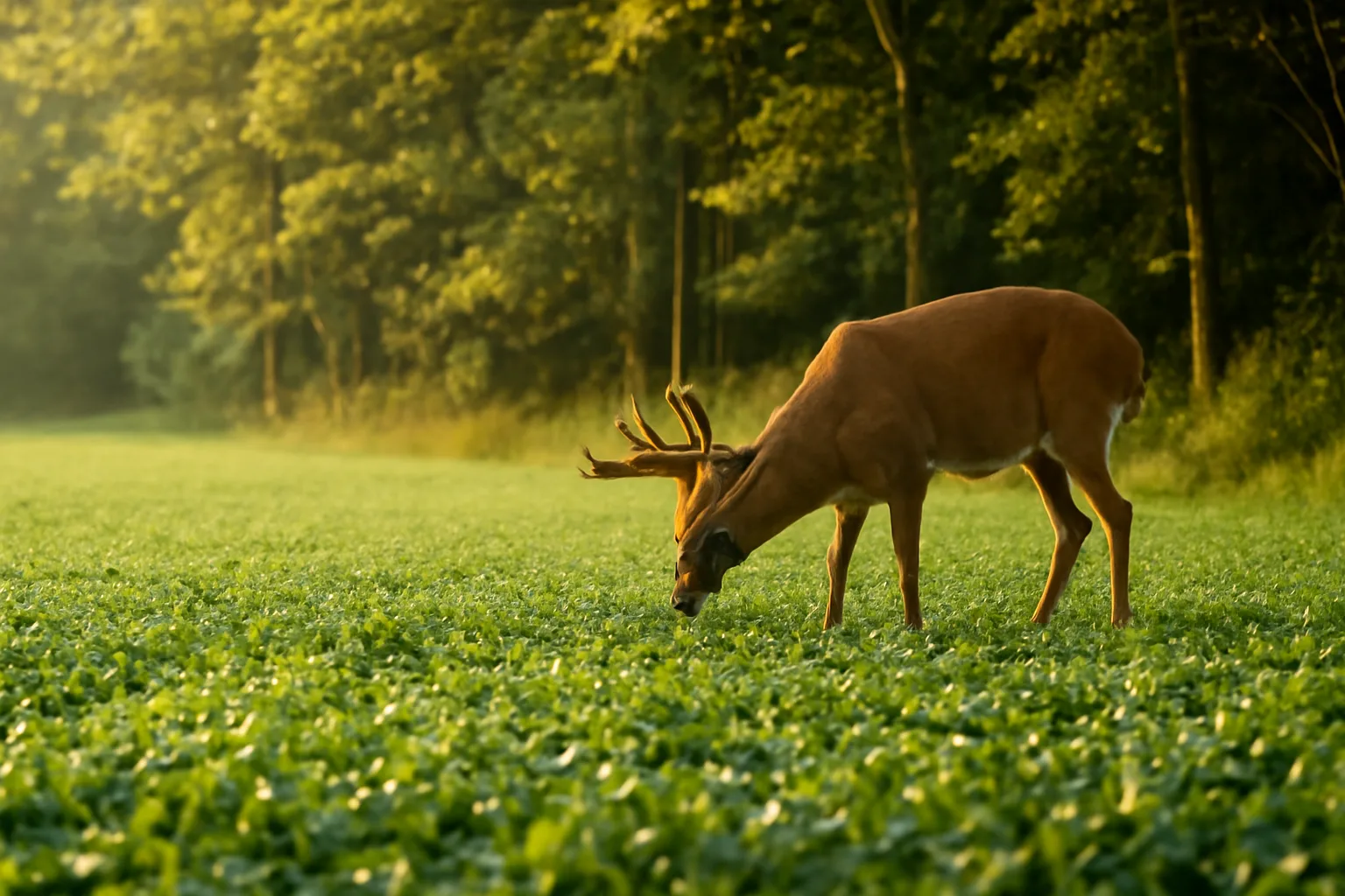 Velvet-antlered whitetail buck grazing at the edge of a clover food plot at sunrise