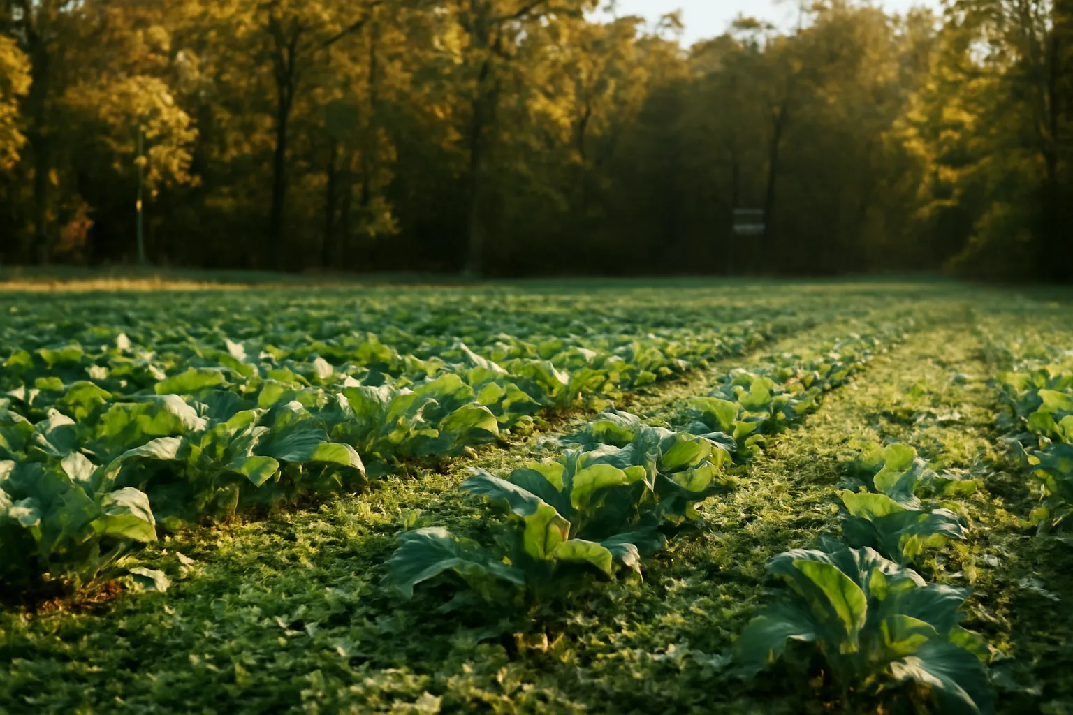 Green clover and brassica food plot bordered by autumn hardwoods at dusk