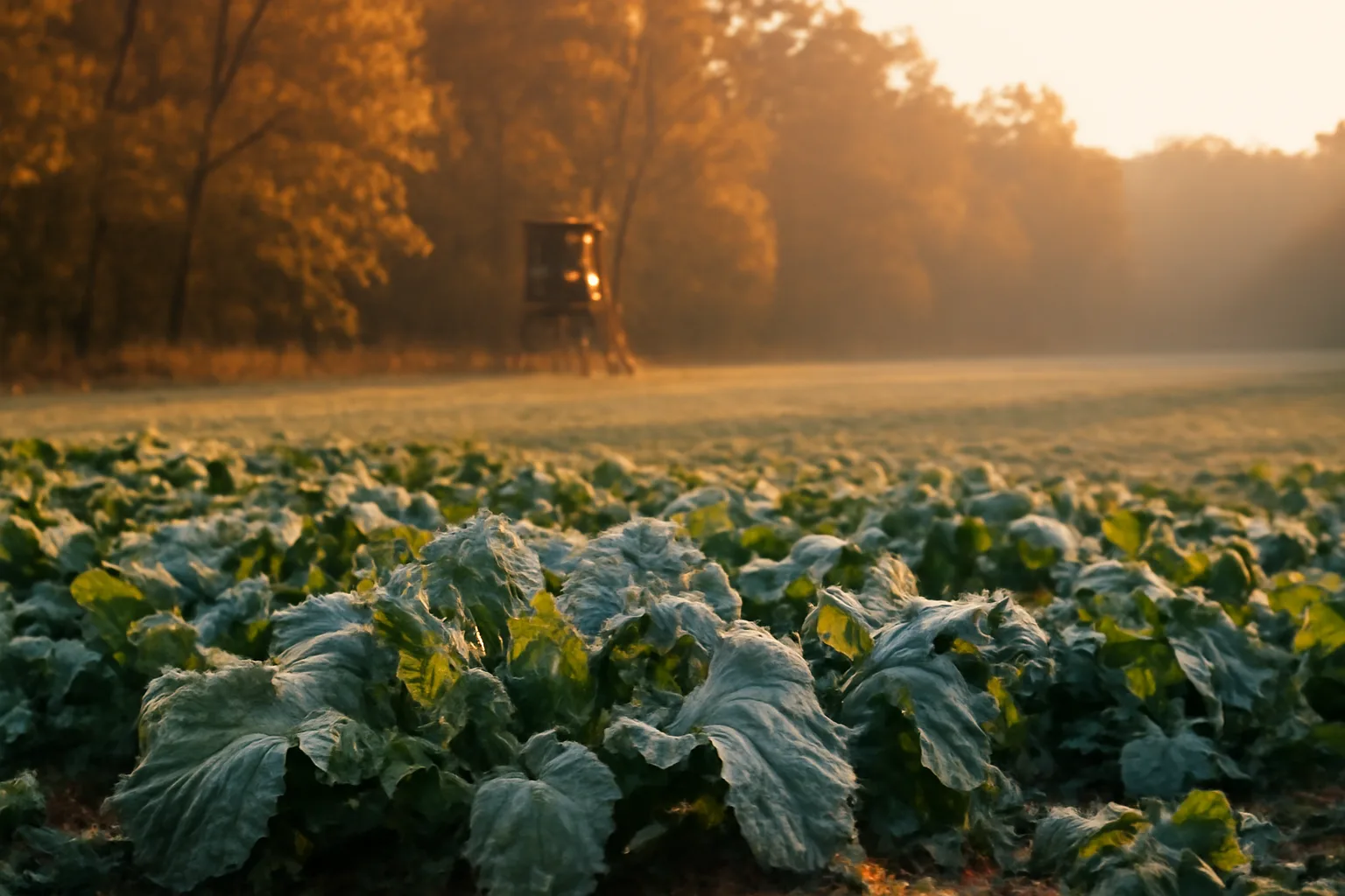 Frosted brassica food plot bordered by timber at golden hour during bow season