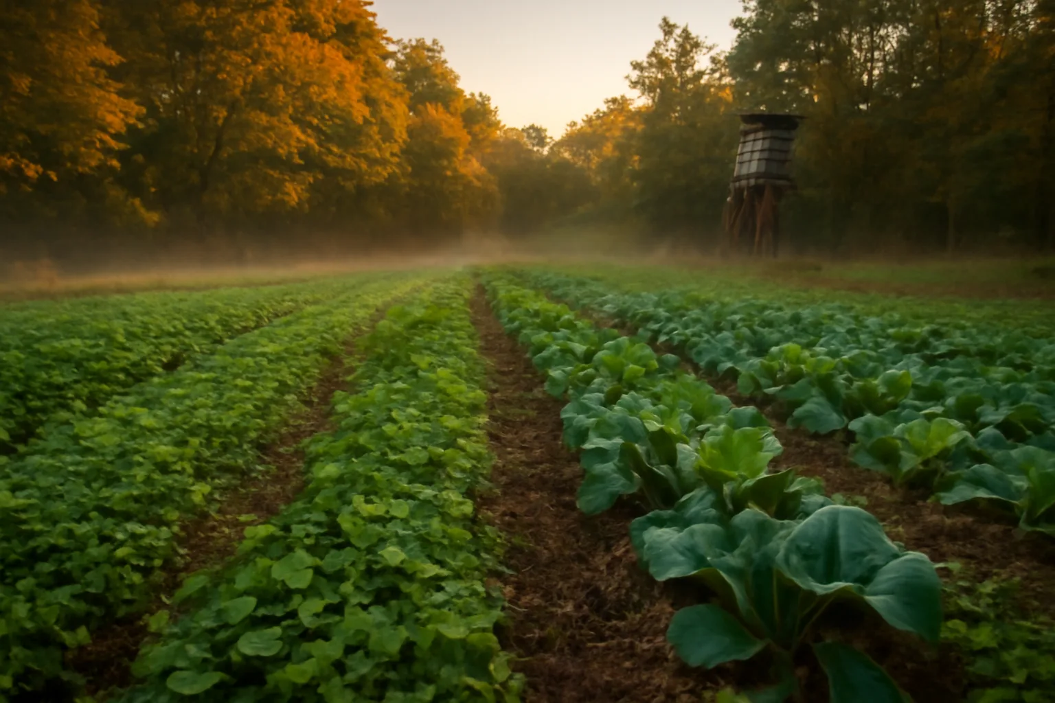 Small clover and brassica food plot bordered by autumn hardwoods at golden hour