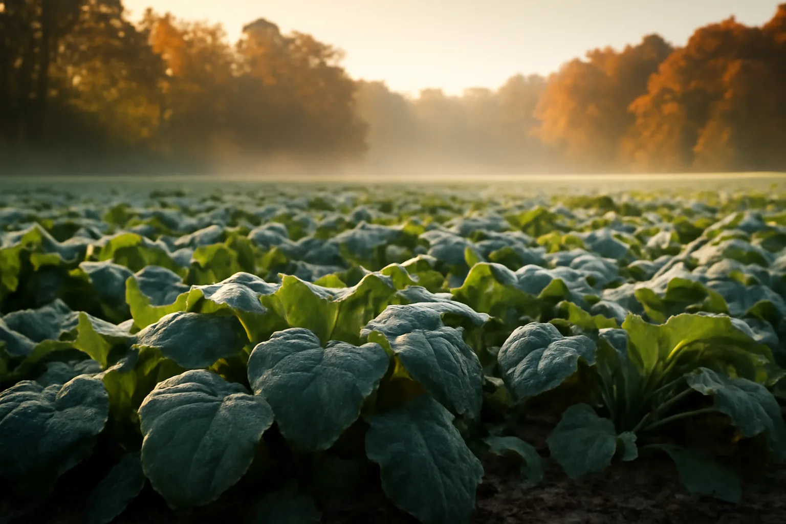 Frost-covered brassica food plot with turnip leaves at woods edge in early morning light