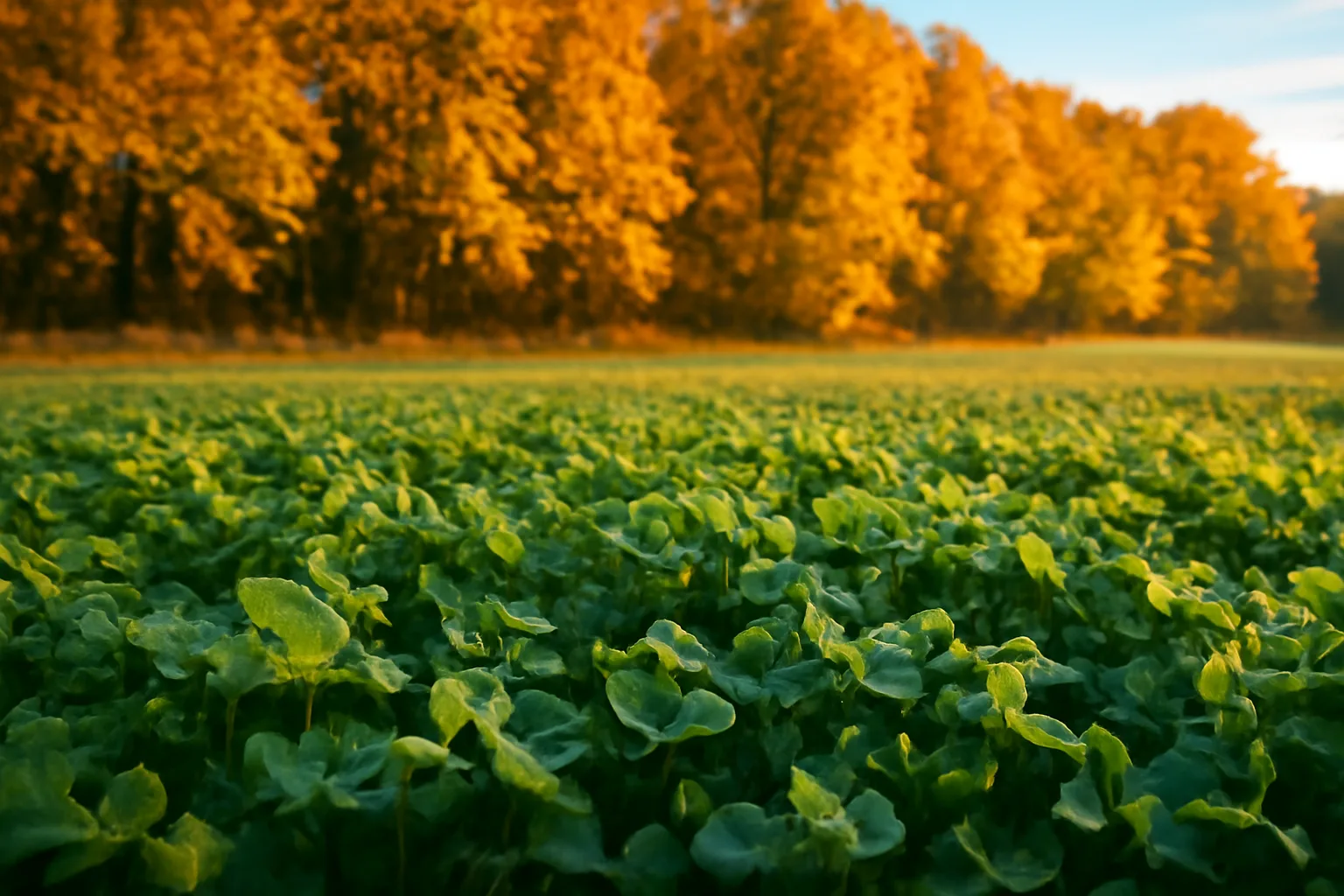 Golden fall light over a dense green clover food plot edge