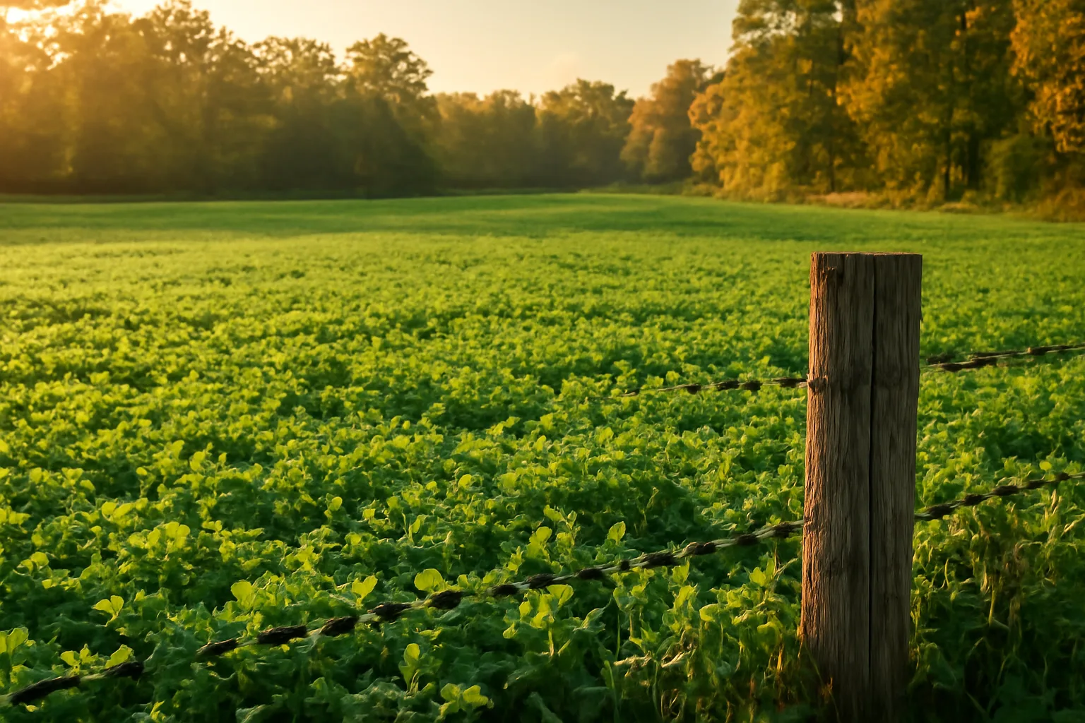 Green clover food plot at sunrise bordered by hardwood forest treeline