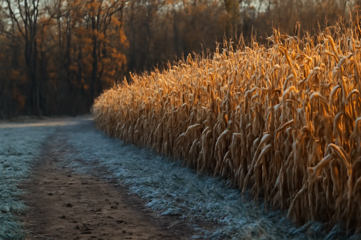 Standing corn food plot at field edge with hardwood ridge in late fall light