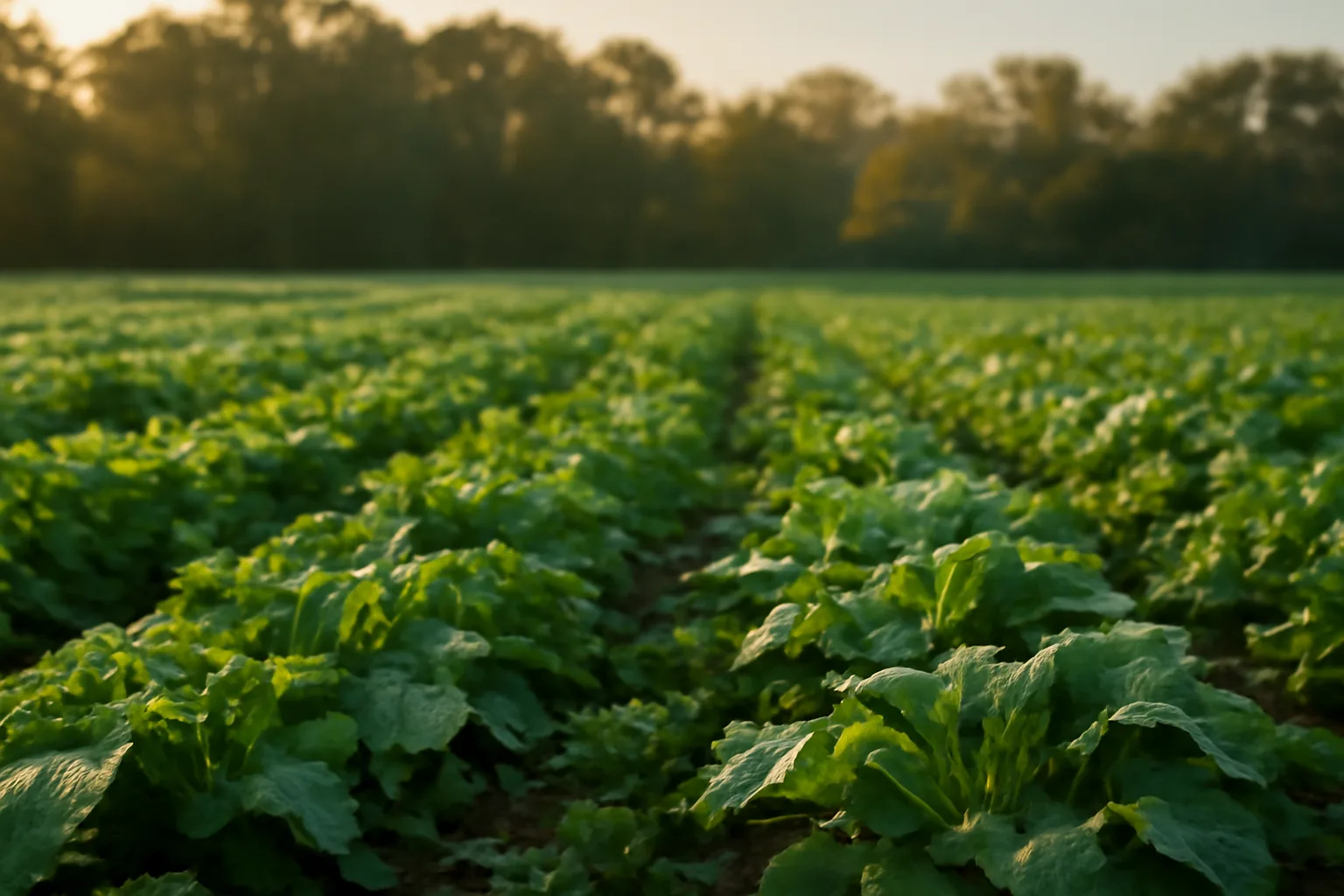 Sunlit deer food plot with clover and turnip greens bordering a hardwood tree line