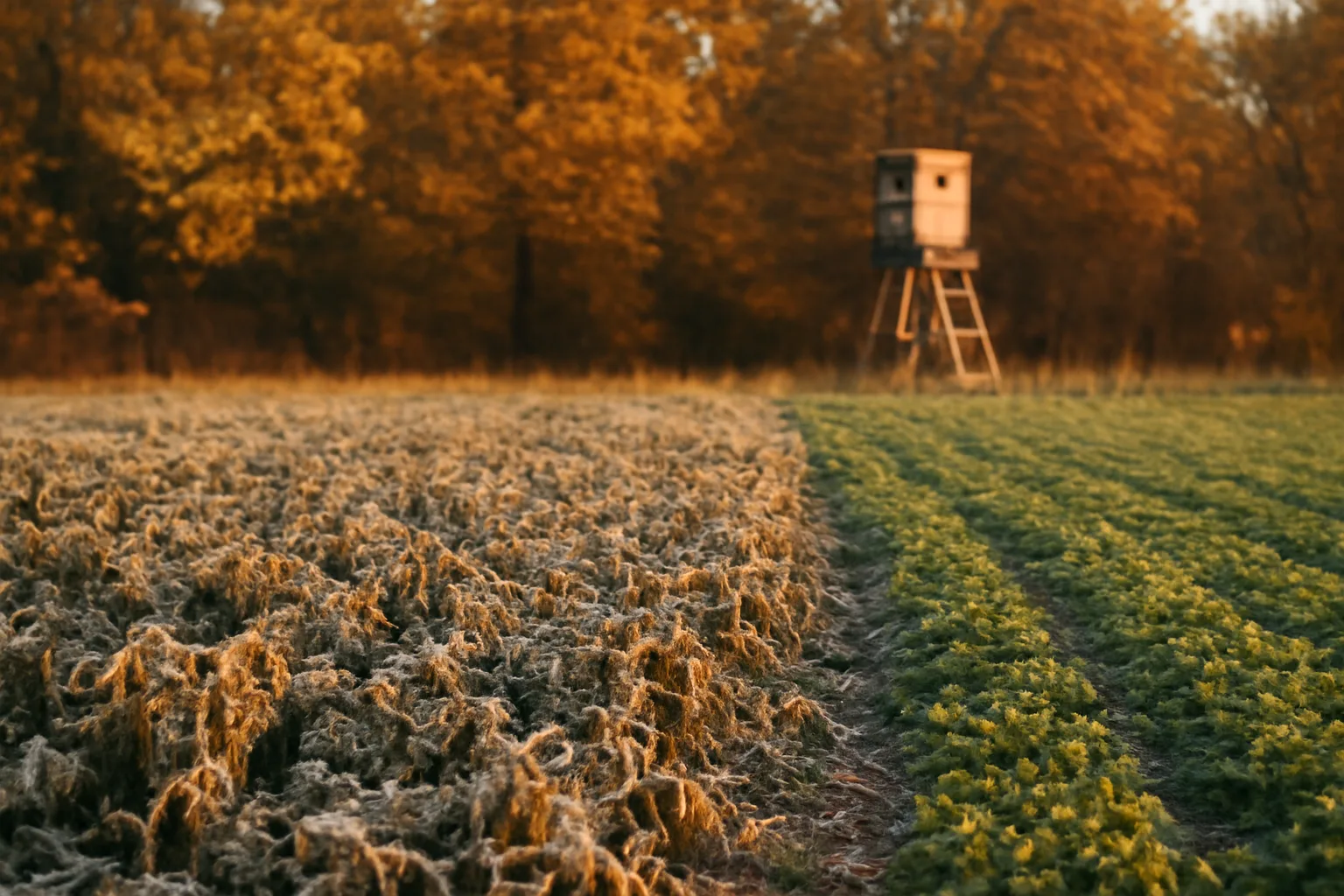 Frosted turnip and clover food plot rows at dusk with a treestand nearby