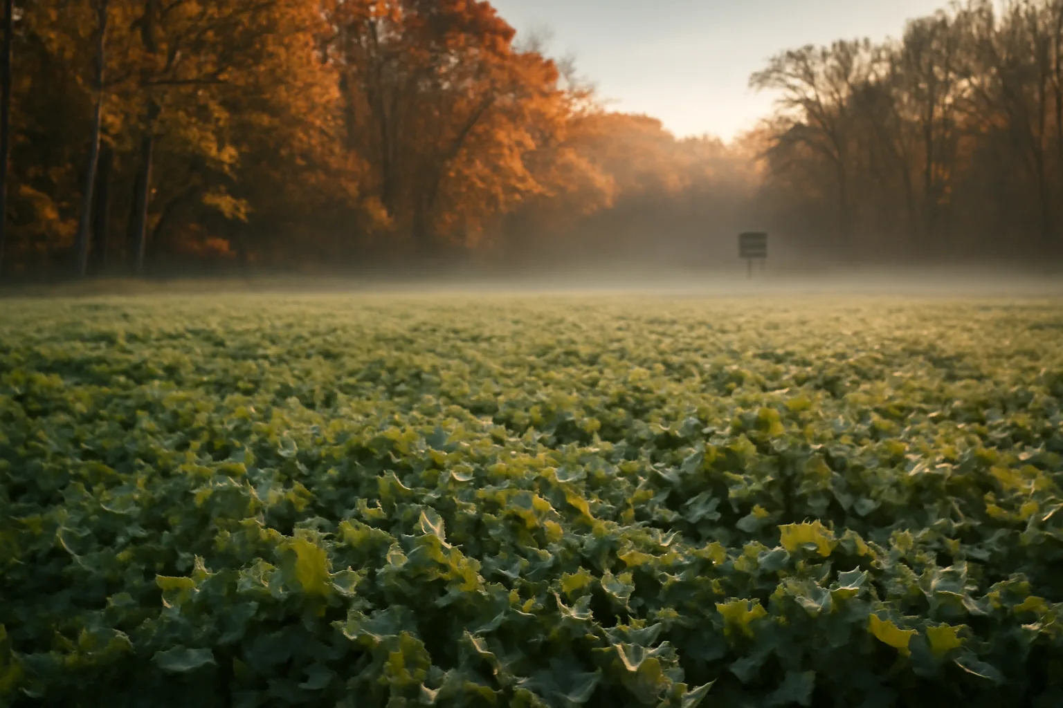 Frost-covered clover food plot at dawn near a timber edge, an example of the best deer attractant food