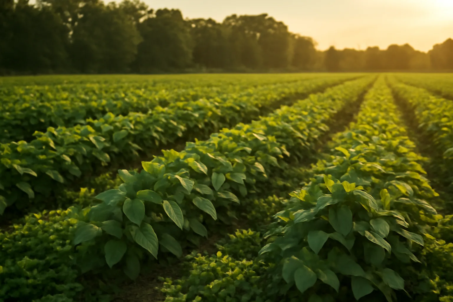 Lush green summer food plot of cowpeas and clover at sunset near a tree line