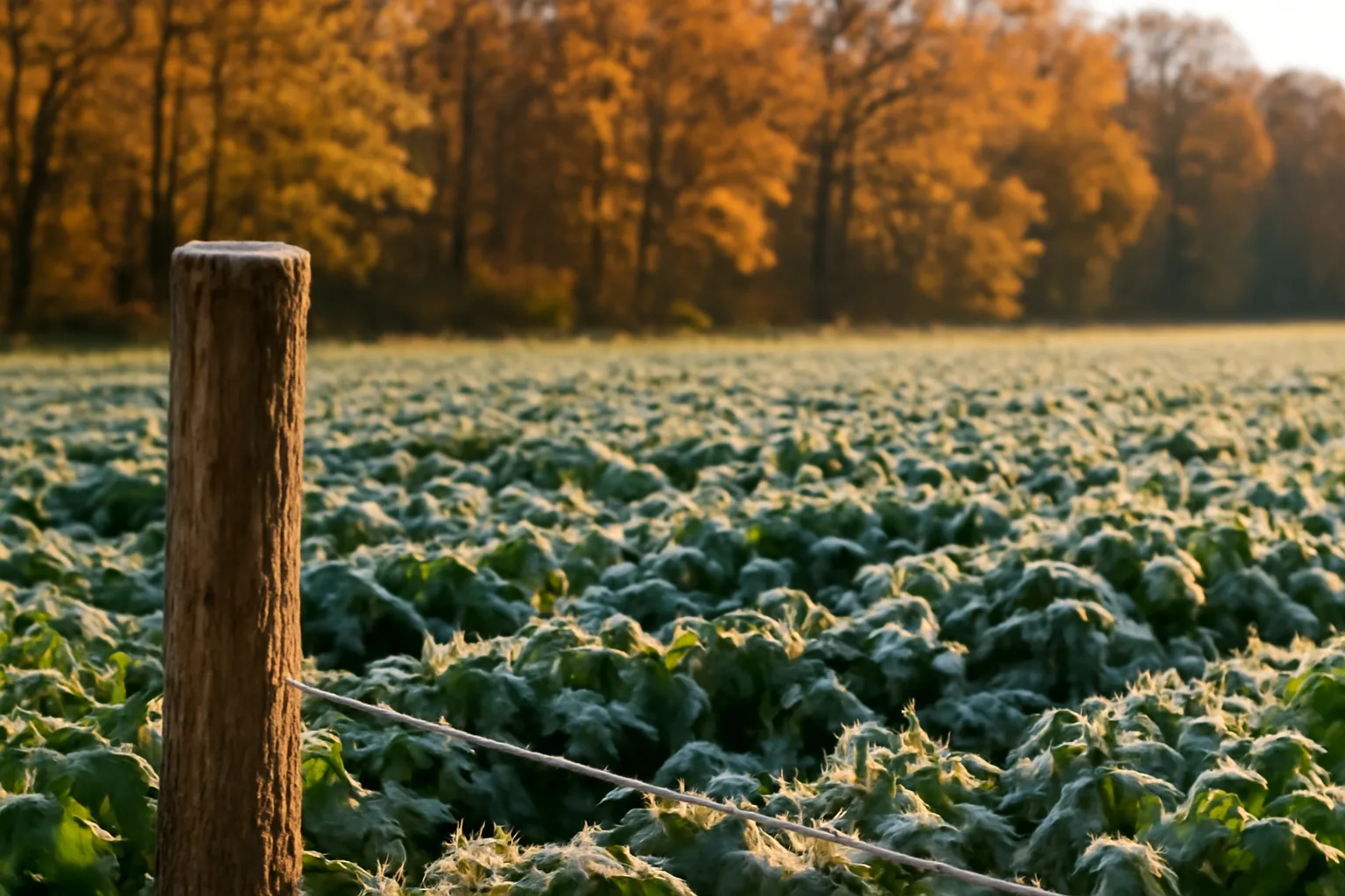 Frosted clover and brassica food plot bordered by autumn hardwoods at dusk