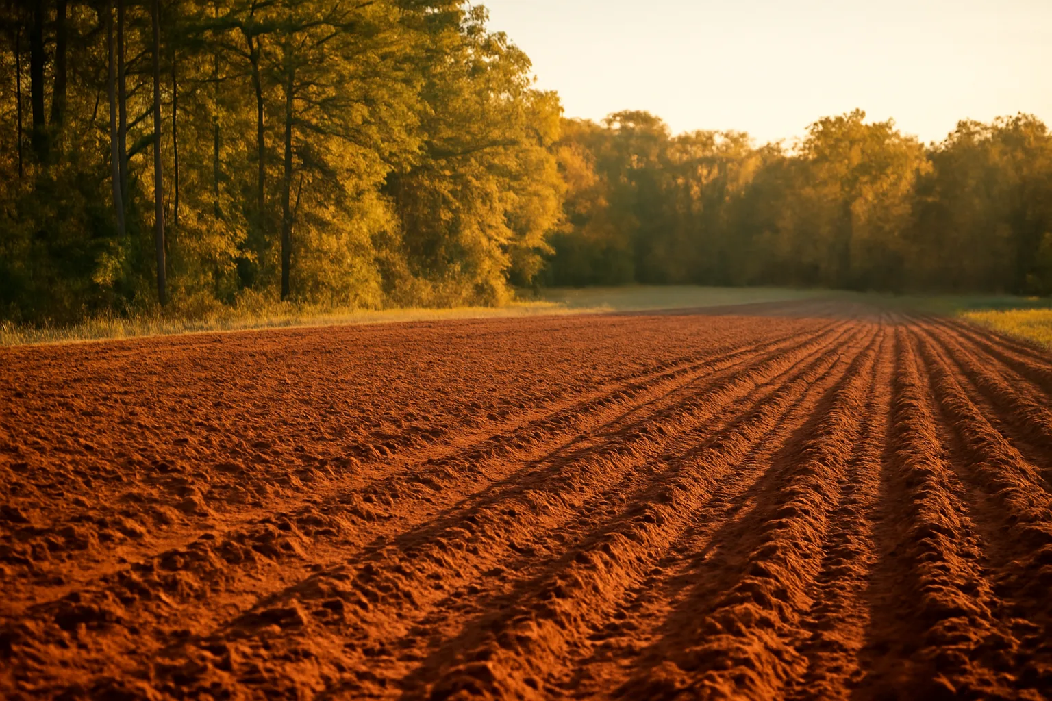 Freshly tilled red clay food plot bordered by Georgia pine and hardwood forest at dusk