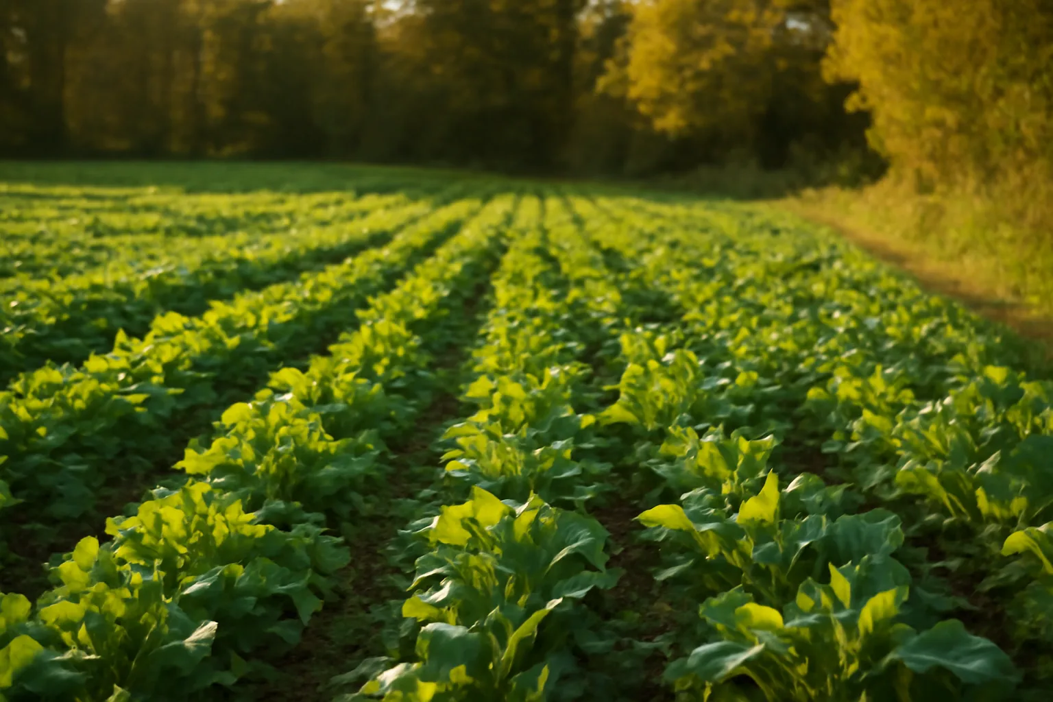 Sunlit food plot with clover and brassica rows bordered by autumn tree line