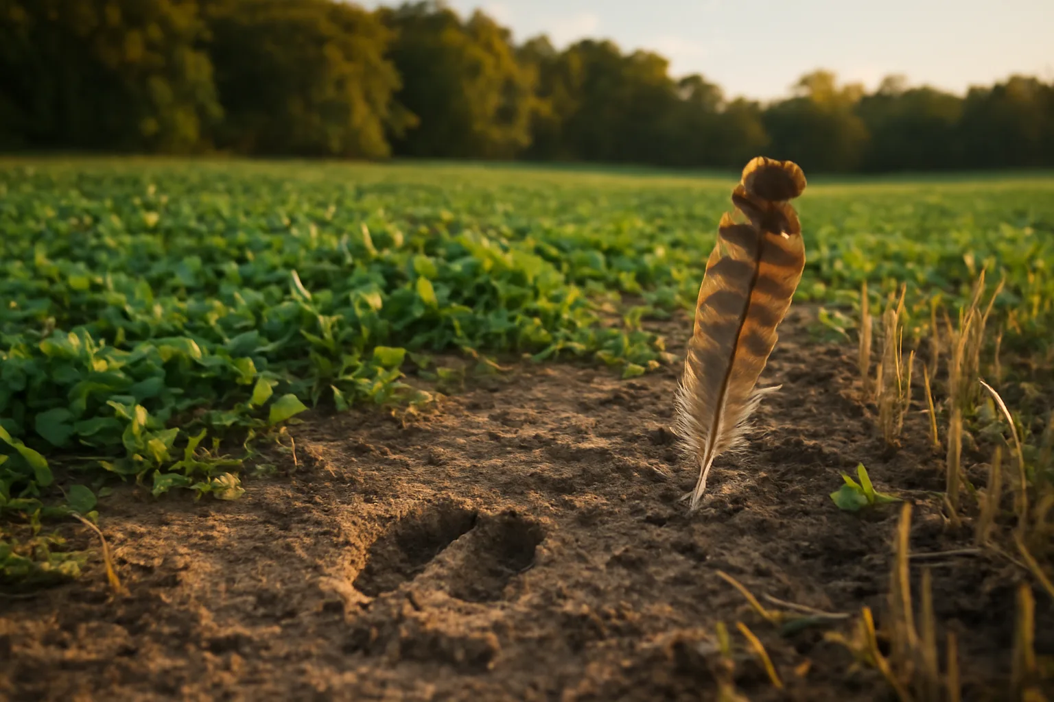 Mixed clover and brassica food plot edge with deer tracks and turkey feather at dusk