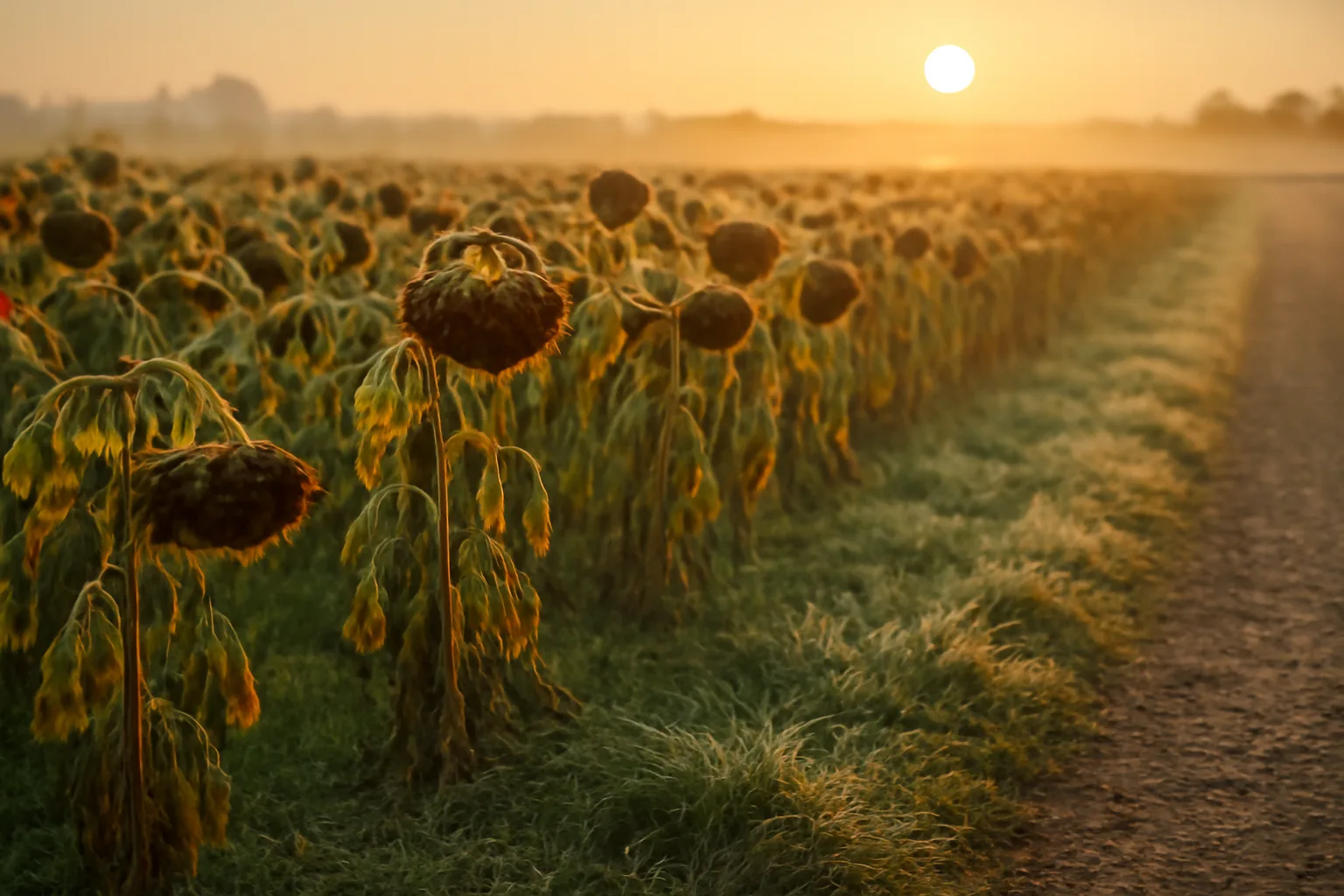 Sunflower field with mature drooping seed heads planted as a dove food plot
