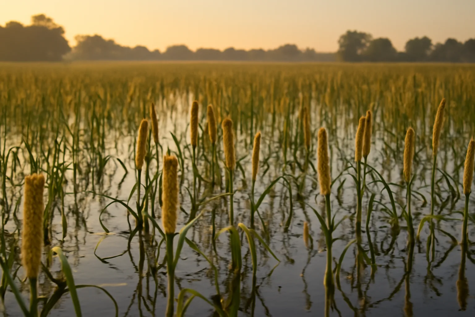Flooded millet field at sunrise showing a managed duck food plot