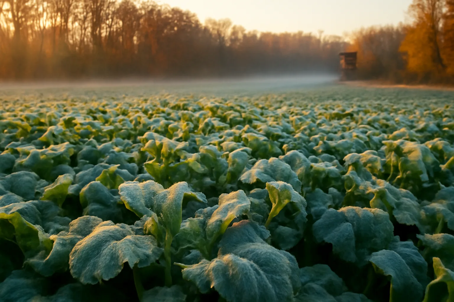 Frosted turnip leaves in a fall food plot at sunrise near a wooded tree line