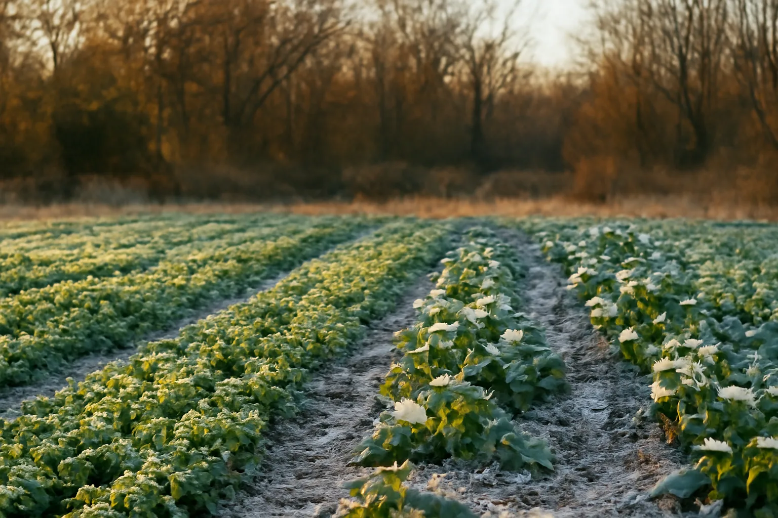Frosted clover and brassica food plot bordered by autumn woods at dusk