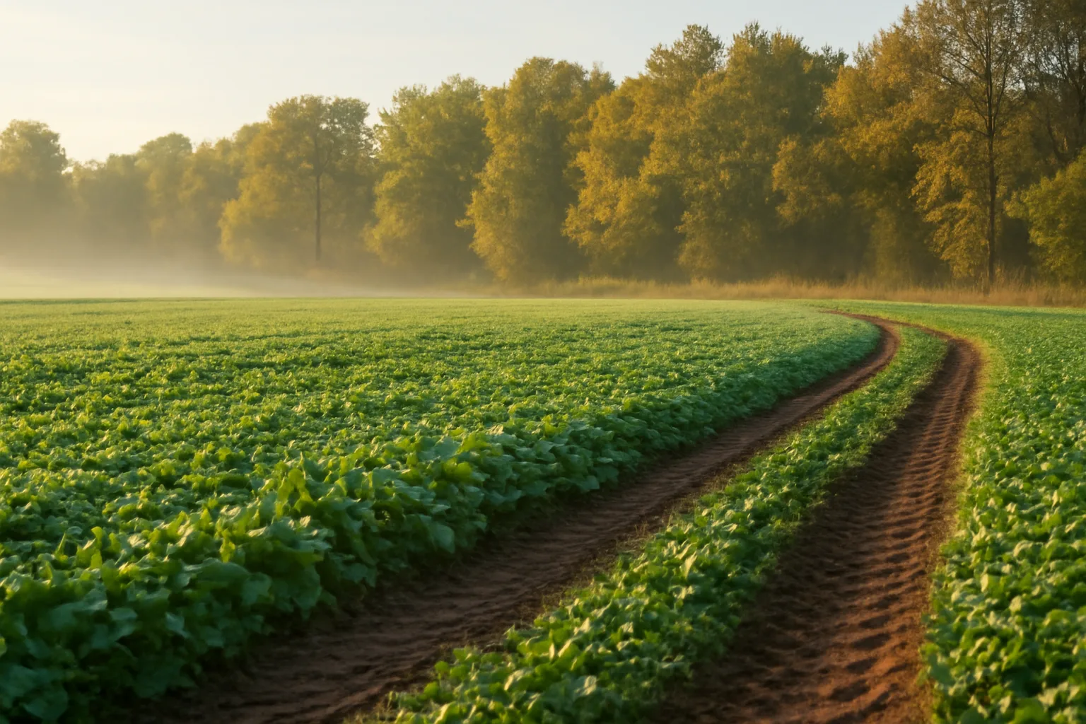 Food plot field of clover and brassicas bordering timber at sunrise