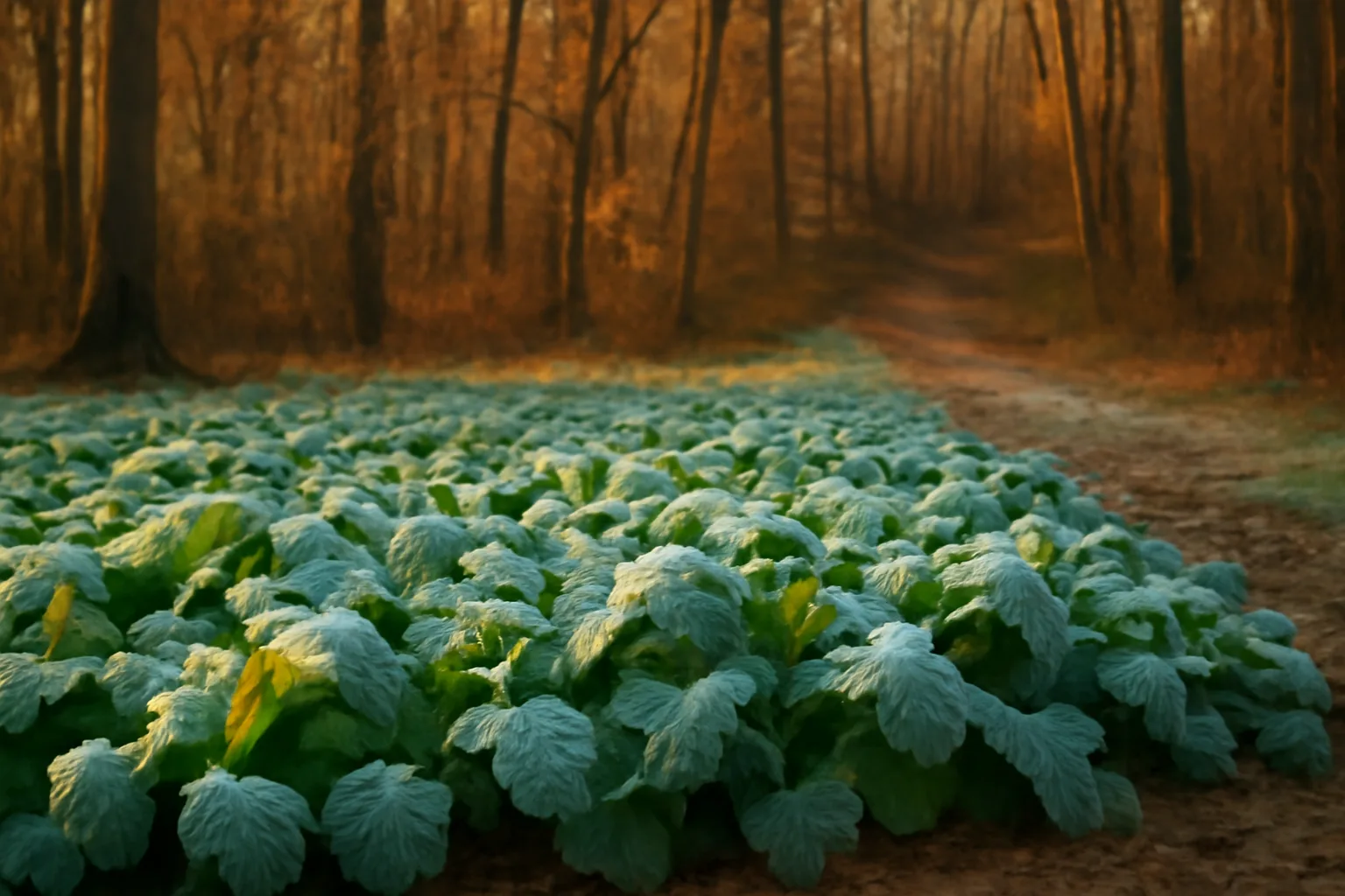Frost-covered turnip food plot bordered by hardwood trees at dusk with a visible deer trail