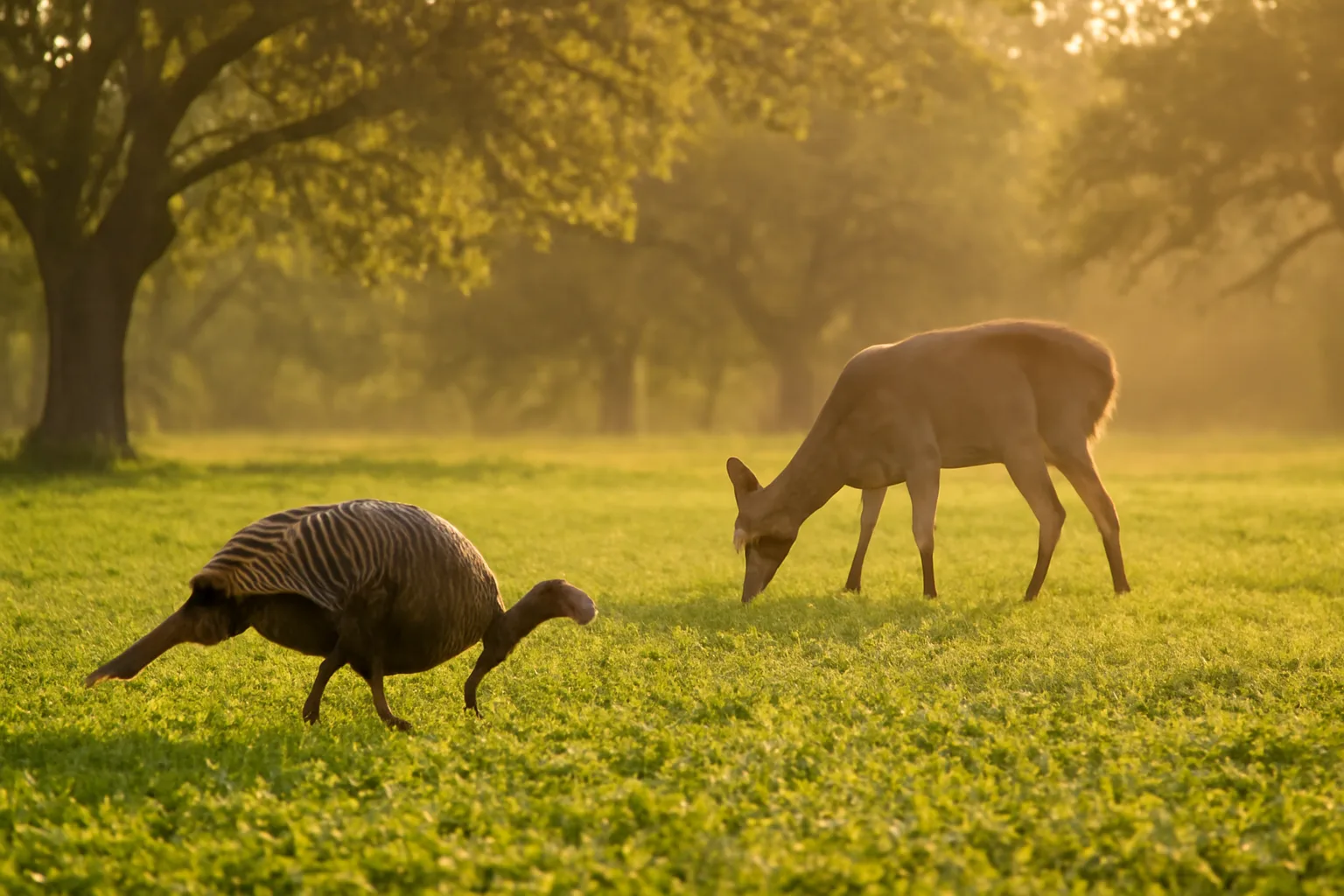 Whitetail deer and wild turkey feeding together in a clover food plot at dusk
