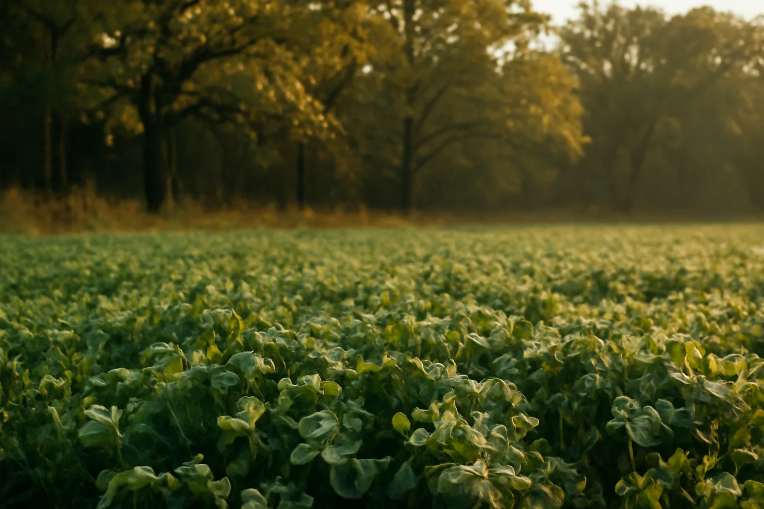Dew-covered clover food plot at sunrise near an Arkansas oak wood line