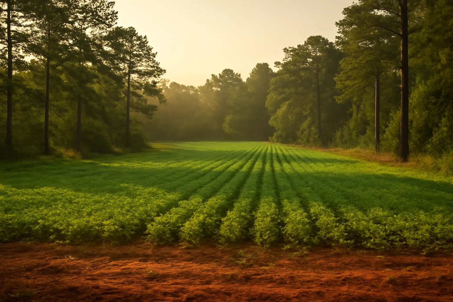 Green clover and oat food plot surrounded by East Texas pine woods in fall