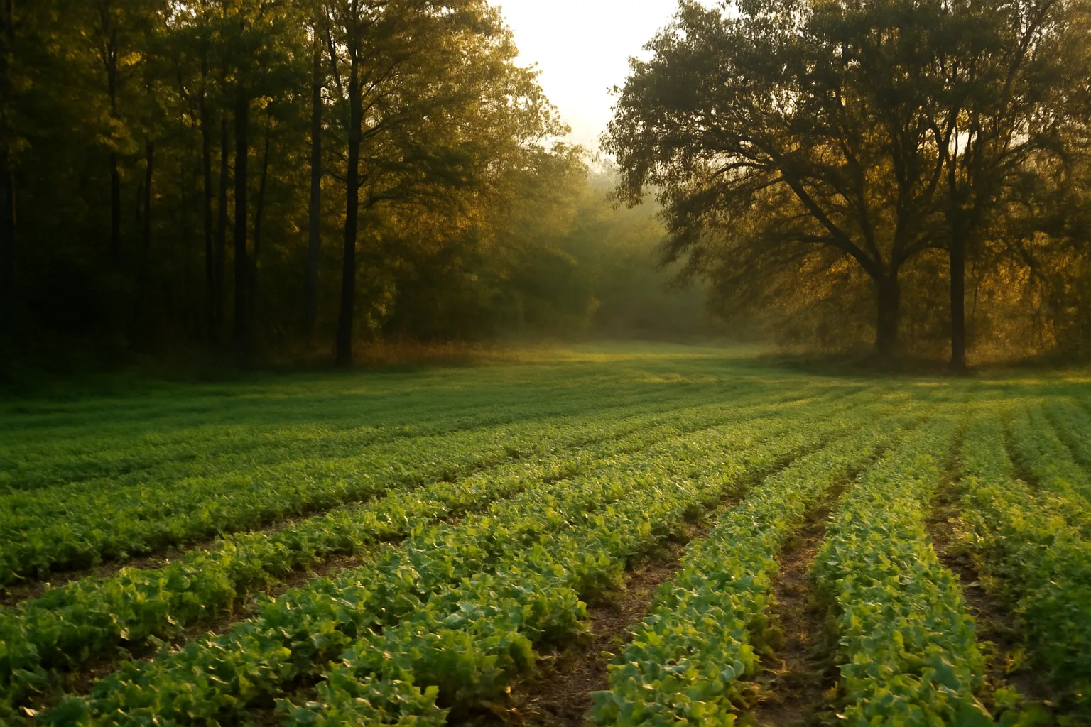 Sunrise over a green clover and oat food plot bordered by Florida pine woods