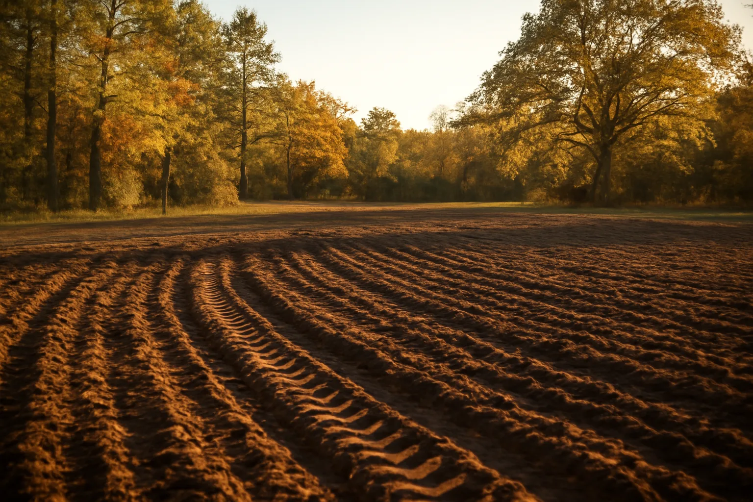 Freshly tilled food plot field bordered by trees in rural Louisiana at sunset