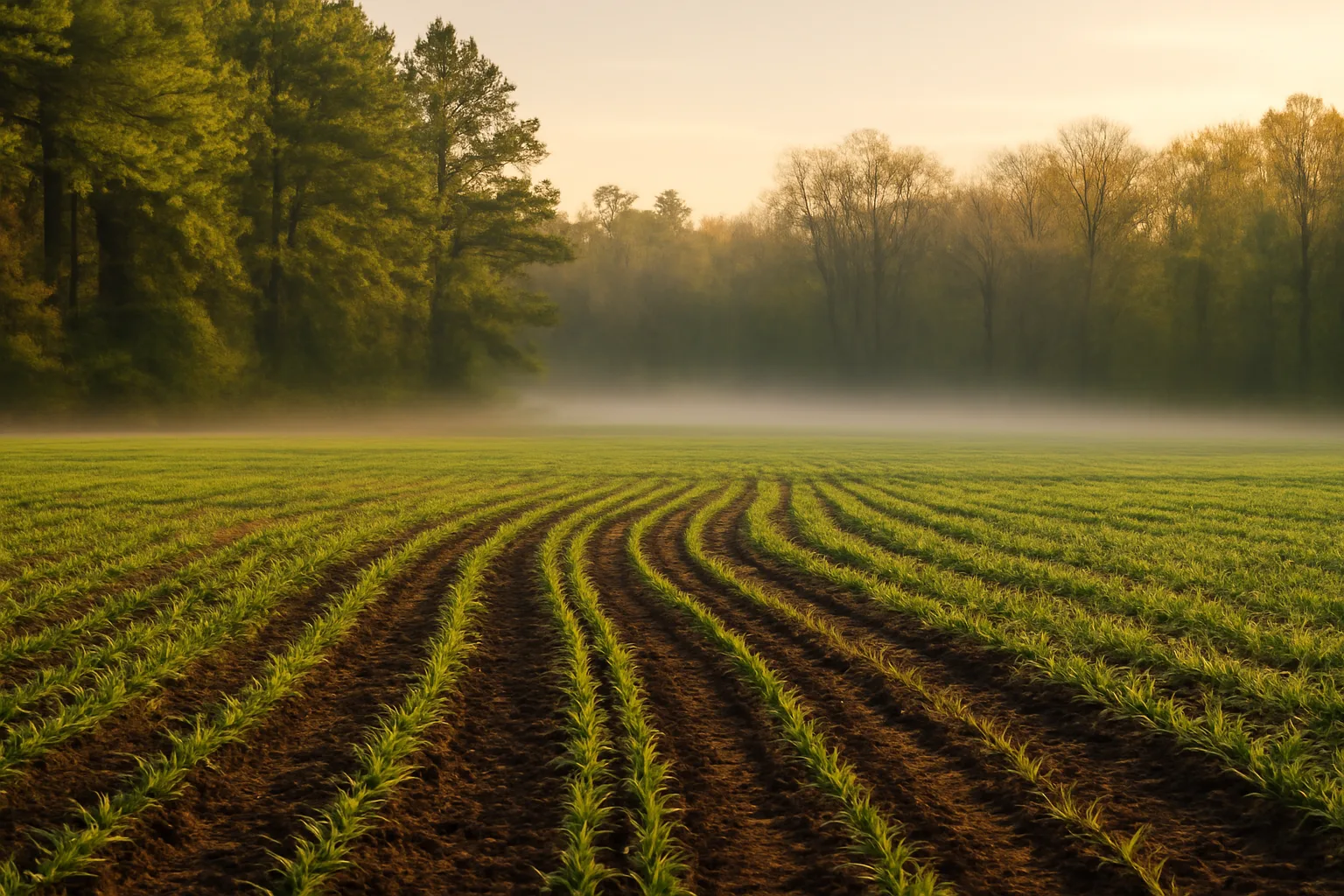 Morning mist over a planted deer food plot edged by Mississippi pine and hardwood forest