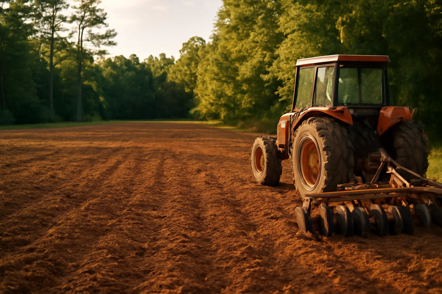 Freshly tilled food plot for deer bordered by pines in South Carolina Piedmont farmland