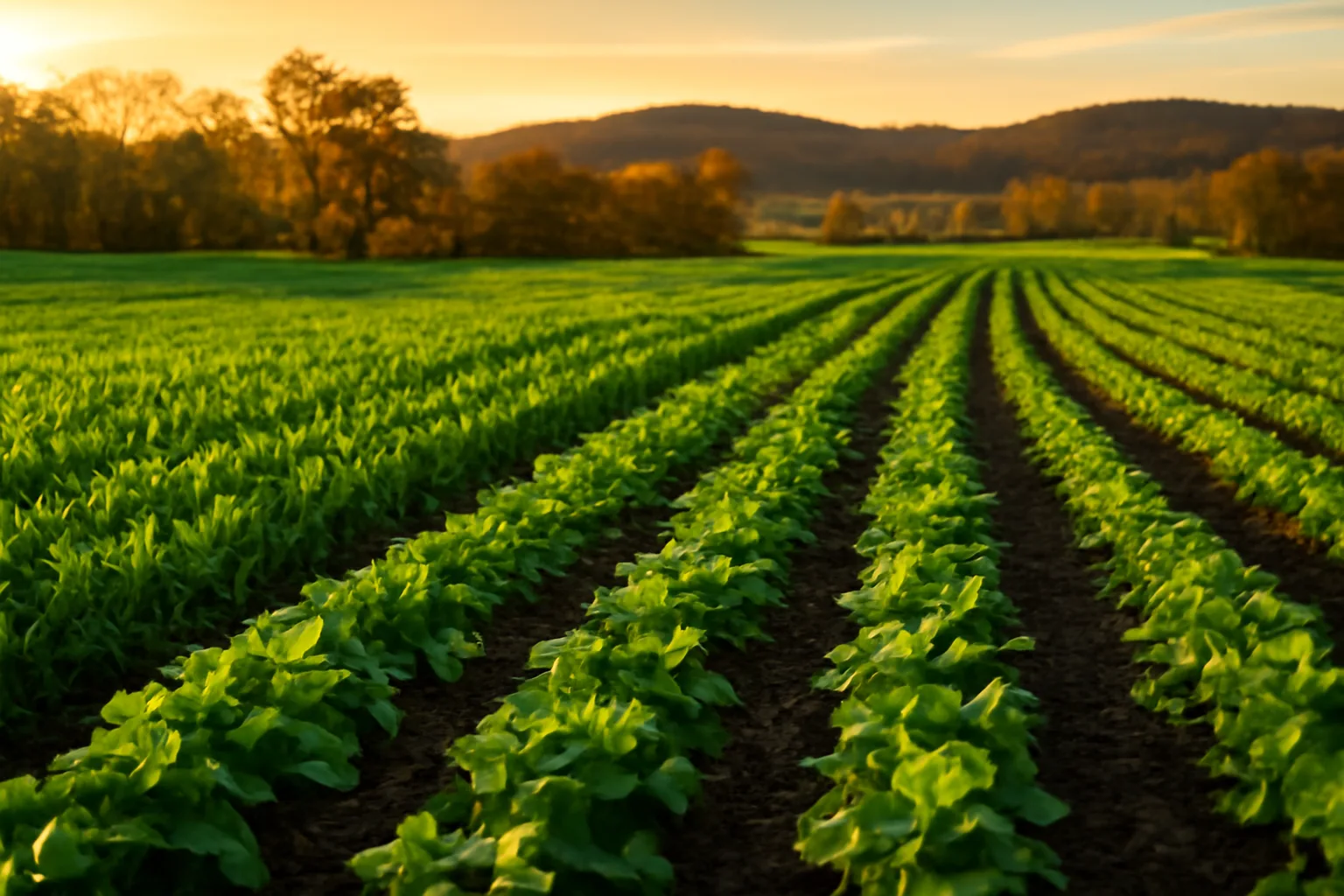 Fall food plot with cereal grain and turnips growing on Tennessee farmland at sunset