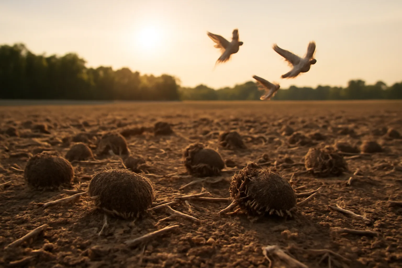 Dove field with disked sunflower and millet rows in warm afternoon light