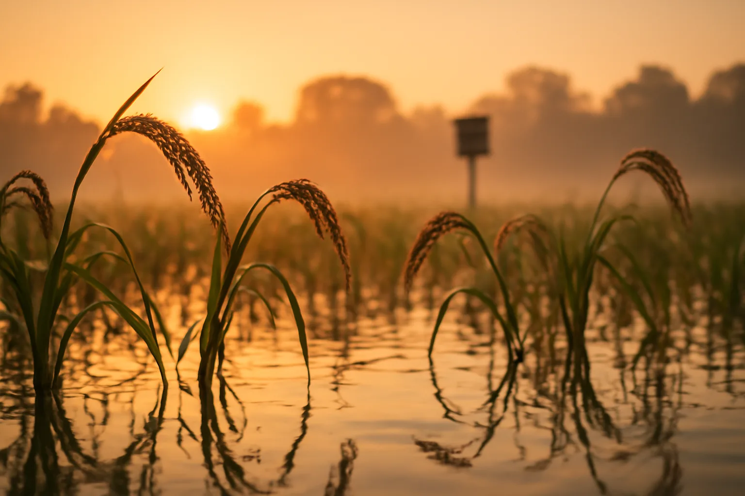 flooded millet field at sunrise showing seed heads above shallow water for ducks