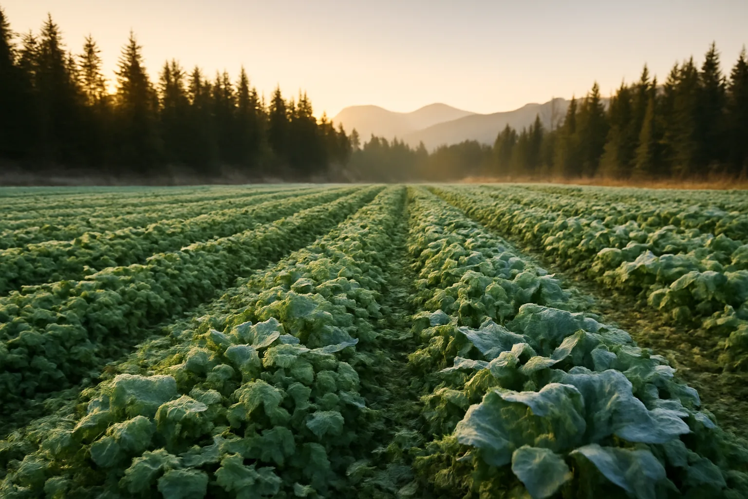 Mountain elk food plot with clover and brassicas at dawn frost